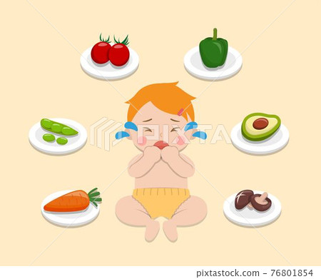 Baby refuses to eat fruits and vegetables, child refuses to eat healthy food, comic cartoon vector character 76801854