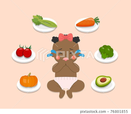 Baby refuses to eat fruits and vegetables, child refuses to eat healthy food, comic cartoon vector character 76801855