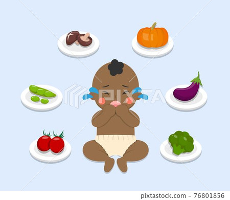 嬰兒拒絕吃蔬菜水果,孩子拒絕吃健康食物,漫畫卡通向量人物 76801856