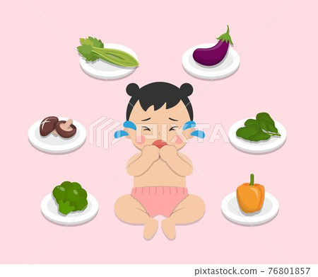 嬰兒拒絕吃蔬菜水果,孩子拒絕吃健康食物,漫畫卡通向量人物 76801857