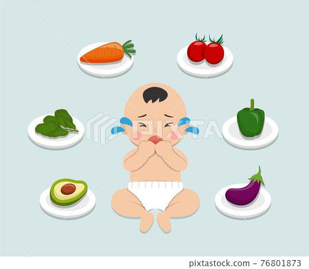 Baby refuses to eat fruits and vegetables, child refuses to eat healthy food, comic cartoon vector character 76801873