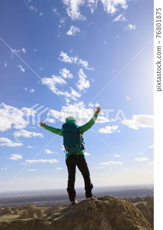 Successful woman looking at the view on high altitude mountain top 76801875