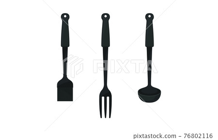 Black Kitchen Utensil with Ladle and Serving Fork Vector Set Black Kitchen Utensil with Ladle and Serving Fork Vector Set 76802116