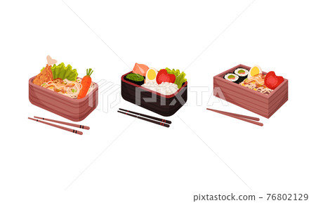 Japanese Bento Box with Traditional Asian Food with Noodles, Rice and Seafood Vector Set Japanese Bento Box with Traditional Asian Food with Noodles, Rice and Seafood Vector Set 76802129