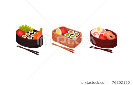 Japanese Bento Box with Traditional Asian Food with Sushi, Rice and Seafood Vector Set 76802130