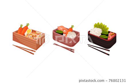 Japanese Bento Box with Traditional Asian Food with Noodles, Rice and Seafood Vector Set Japanese Bento Box with Traditional Asian Food with Noodles, Rice and Seafood Vector Set 76802131