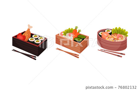 Japanese Bento Box with Traditional Asian Food with Noodles, Rice and Seafood Vector Set 76802132