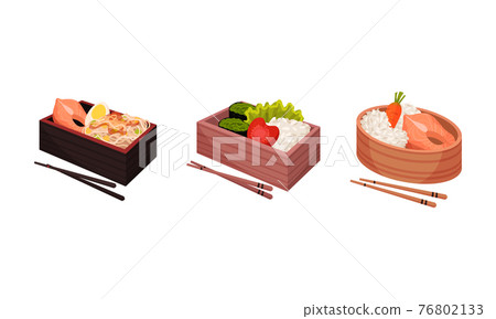 Japanese Bento Box with Traditional Asian Food with Noodles, Rice and Seafood Vector Set 76802133