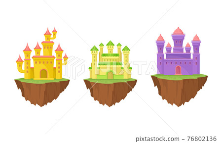 Tall Castle with Towers and Walls as Fortified Middle Age Stone Structure Rested on Floating Rocky Island Vector Set Tall Castle with Towers and Walls as Fortified Middle Age Stone Structure Rested on Floating Rocky Island Vector Set 76802136