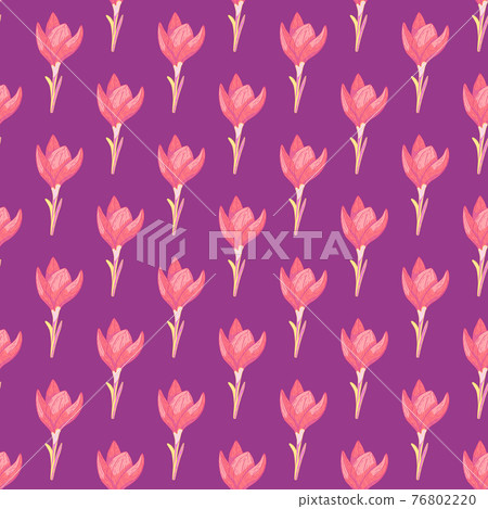 Summer bright seamless pattern with decorative pink crocus flower shapes on purple background. Summer bright seamless pattern with decorative pink crocus flower shapes on purple background. 76802220