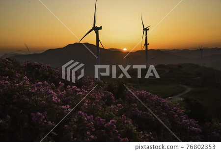 靈岩華城山風力發電機與日出 76802353