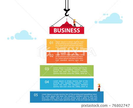 5 step chart info graphic. Crane and building color block. 5 step chart info graphic. Crane and building color block. 76802747