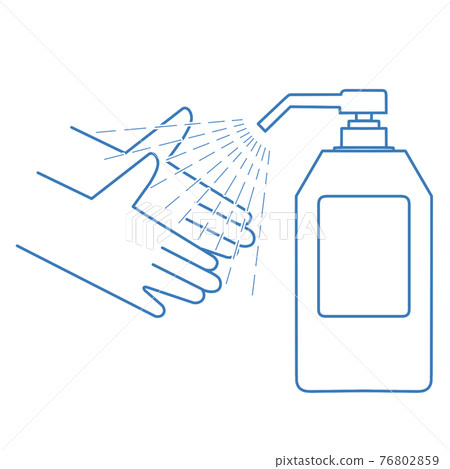 Illustration of hands disinfecting alcohol and alcohol disinfectant, white label, white border Illustration of hands disinfecting alcohol and alcohol disinfectant, white label, white border 76802859