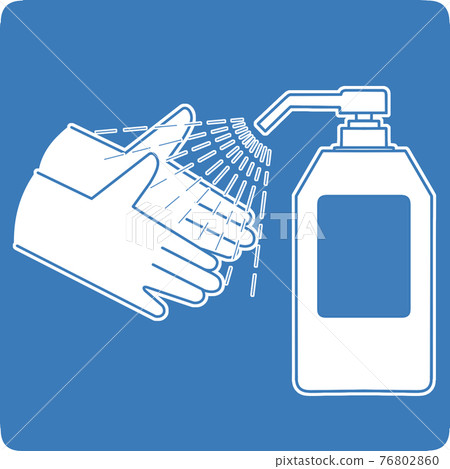 手消毒酒精和酒精消毒劑的插圖，藍色背景，藍色標籤，白色邊框 76802860