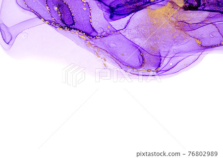 Abstract purple stains on white background. Violet and gold watercolor ink pattern. Copyspace. 76802989