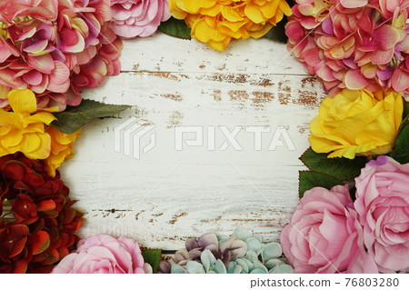 Flowers Colorful Border Frame wiht space copy on wooden background Flowers Colorful Border Frame wiht space copy on wooden background 76803280