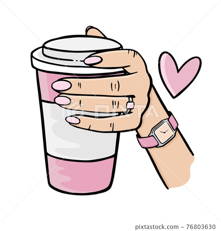 GIRL HOLDING A PINK CUP OF COFFEE Hand Drawn... - Stock Illustration ...