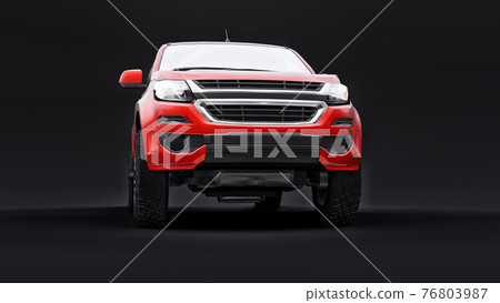 Red pickup car on a black background. 3d rendering. Red pickup car on a black background. 3d rendering. 76803987