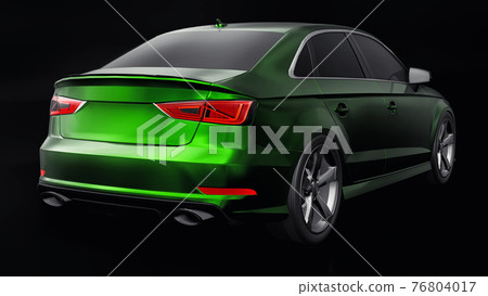 Super fast sports car color green metallic on a black background. Body shape sedan. Tuning is a version of an ordinary family car. 3d rendering. Super fast sports car color green metallic on a black background. Body shape sedan. Tuning is a version of an ordinary family car. 3d rendering. 76804017