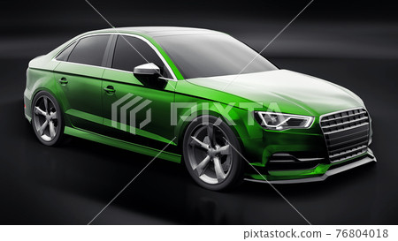 Super fast sports car color green metallic on a black background. Body shape sedan. Tuning is a version of an ordinary family car. 3d rendering. Super fast sports car color green metallic on a black background. Body shape sedan. Tuning is a version of an ordinary family car. 3d rendering. 76804018