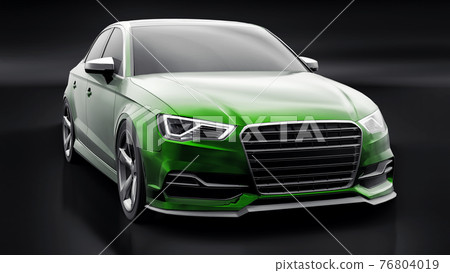 Super fast sports car color green metallic on a black background. Body shape sedan. Tuning is a version of an ordinary family car. 3d rendering. Super fast sports car color green metallic on a black background. Body shape sedan. Tuning is a version of an ordinary family car. 3d rendering. 76804019