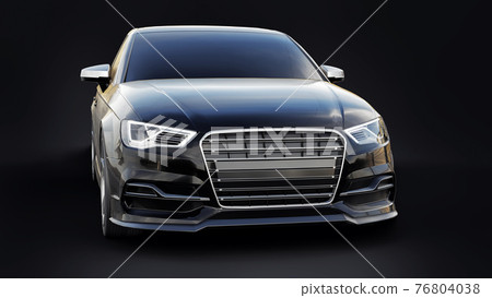 Super fast sports car color black metallic on a black background. Body shape sedan. Tuning is a version of an ordinary family car. 3d rendering. 76804038