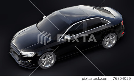 Super fast sports car color black metallic on a black background. Body shape sedan. Tuning is a version of an ordinary family car. 3d rendering. 76804039