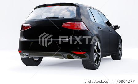 Black small family car hatchback on white background. 3d rendering. Black small family car hatchback on white background. 3d rendering. 76804277