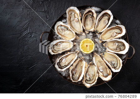 Oysters. A dozen raw oysters, shot from the top with copy space Oysters. A dozen raw oysters, shot from the top with copy space 76804289