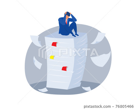 businessman stress,Employee on top of large stack of papers. Business concept paper work and workload. Flat vector illustration businessman stress,Employee on top of large stack of papers. Business concept paper work and workload. Flat vector illustration 76805466