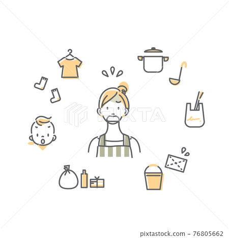 一個為照顧孩子和家務而苦苦掙扎的女人的簡單時尚線條畫插圖 76805662