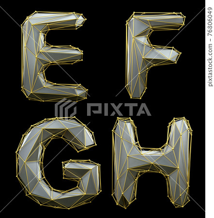 Letter set E, F, G, H made of realistic 3d render silver color. Collection of gold low polly style 76806049