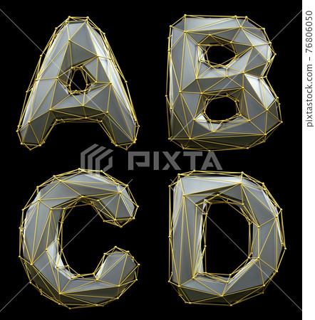 Letter set A, B, C, D made of realistic 3d render silver color. Collection of gold low polly style 76806050