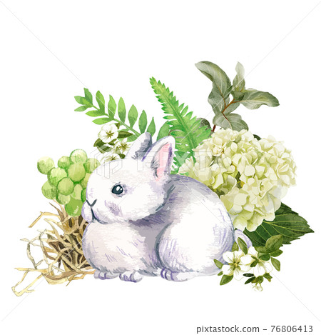 Cute gray rabbit with flowers, Hand drawn Cute gray rabbit with flowers, Hand drawn 76806413