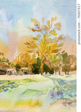 Painting of tree mountain and meadow. Painting of tree mountain and meadow. 76807817