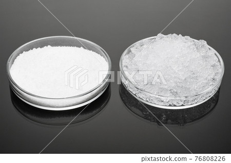 hydro-gel powder and jelly-like, swollen from water, large pieces in glassware on a dark surface 76808226