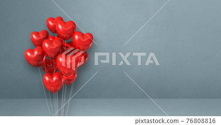 Red heart shape balloons bunch on a grey wall background. Horizontal banner. 76808816
