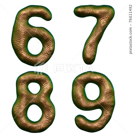Set of numbers 6, 7, 8, 9 made of realistic 3d render gold color. Collection of natural snake skin texture style symbol 76811492