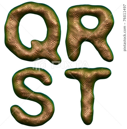 Set of letters Q, R, S, T made of realistic 3d render natural gold snake skin texture. 76811497