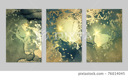 Set of marble patterns. Majestic turquoise and gold geode textures with glitter 76814045