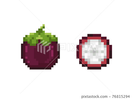 Pixel art mangosteen icon set. Pixel retro game mangosteen and half mangosteen icons. 8 bit or 16 bit style mangosteen for game or web design. Flat cute pixel fruit or berry vector. 76815294