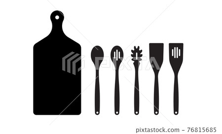 KITCHEN UTENSILS: baking spatula, skimmer spoon, scraper, serving and spaghetti spoon, vegetable wood spoon, spatula, cutting board. 76815685