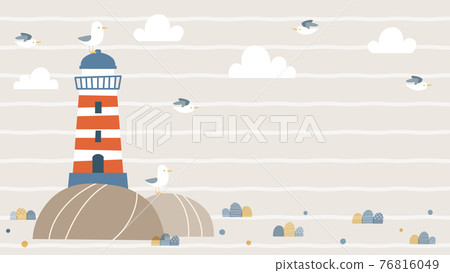 Summer background material lighthouse and seagulls 76816049