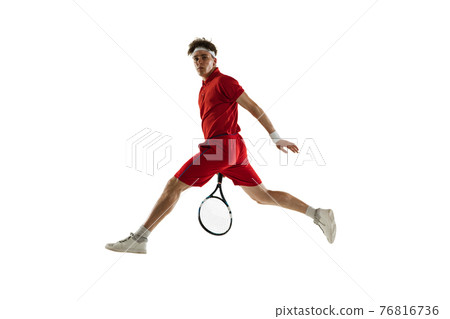 One Caucasian man, professional tennis player isolated on white background. 76816736