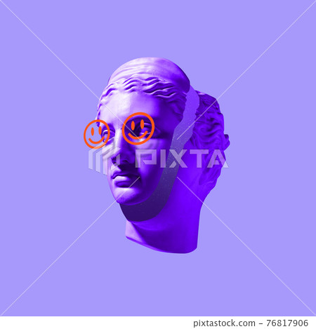 Contemporary art collage with antique statue head in a surreal style. 76817906
