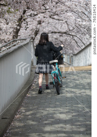 騎自行車上學的女學生 騎自行車上學的女學生 76818414
