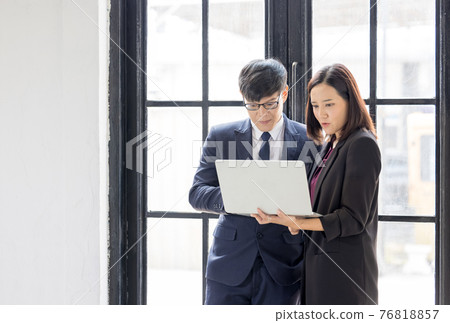Business coworkers, people of laptop notebook computer and talking working together in the office 76818857