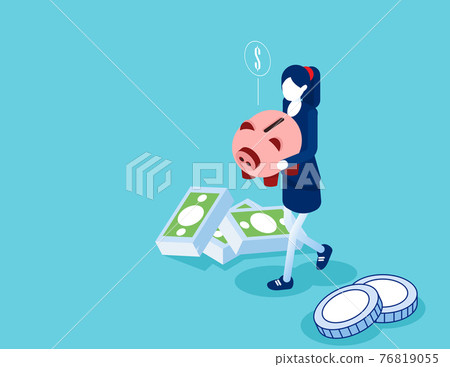 Woman holding piggy bank with money. Flat isometric vector style Woman holding piggy bank with money. Flat isometric vector style 76819055