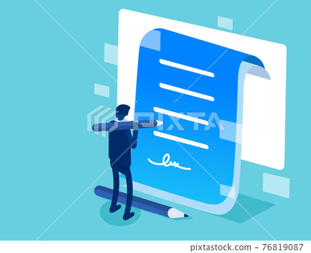Character signing digital signature at online business contract. Data protection and privacy policy Character signing digital signature at online business contract. Data protection and privacy policy 76819087