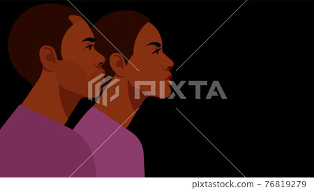 Bright black people - dark-skinned man and woman, side view, portrait of face and shoulders. 76819279